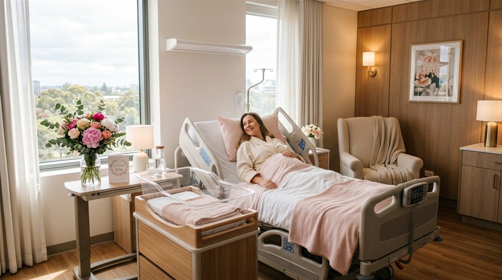 Modern private maternity suite and comfortable patient room at Sri Vijaya Nursing Home